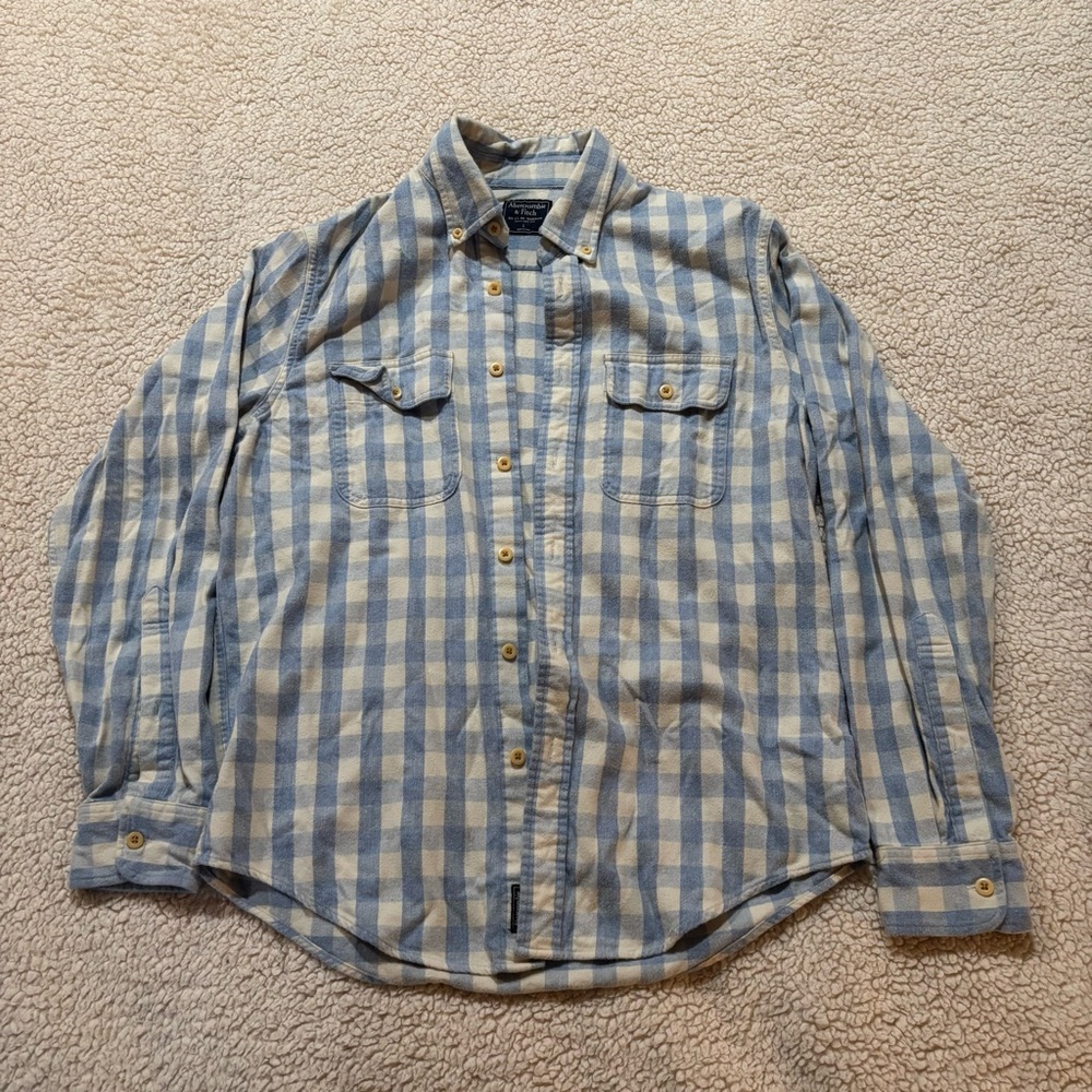 Abercrombie & Fitch Light Blue & Cream Checked Button-Down Flannel Shirt - Men